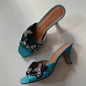 Rachel Comey Pebbled Leather Kitten Mules with Rhinestone Detail